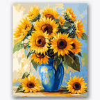 Paint by numbers design of sunflowers, blue vase, bright sunflowers, glossy blue vase