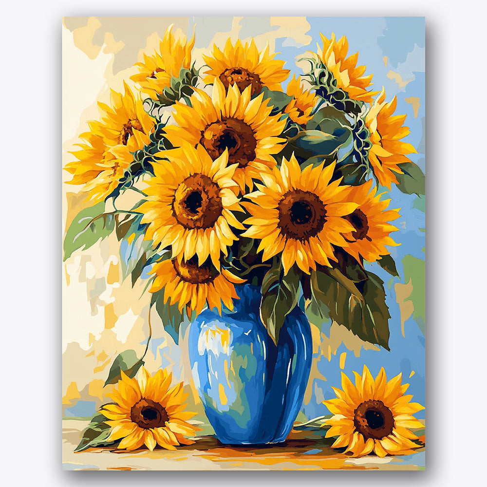 Paint by numbers design of sunflowers, blue vase, bright sunflowers, glossy blue vase