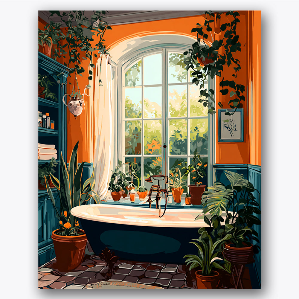 Paint by numbers design of bathtub, indoor plants, orange walls, large arched window