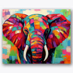 Paint by numbers design of elephant, colors, vivid patchwork colors, bold brushstrokes