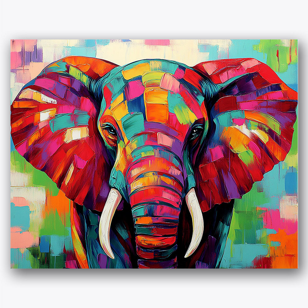 Paint by numbers design of elephant, colors, vivid patchwork colors, bold brushstrokes