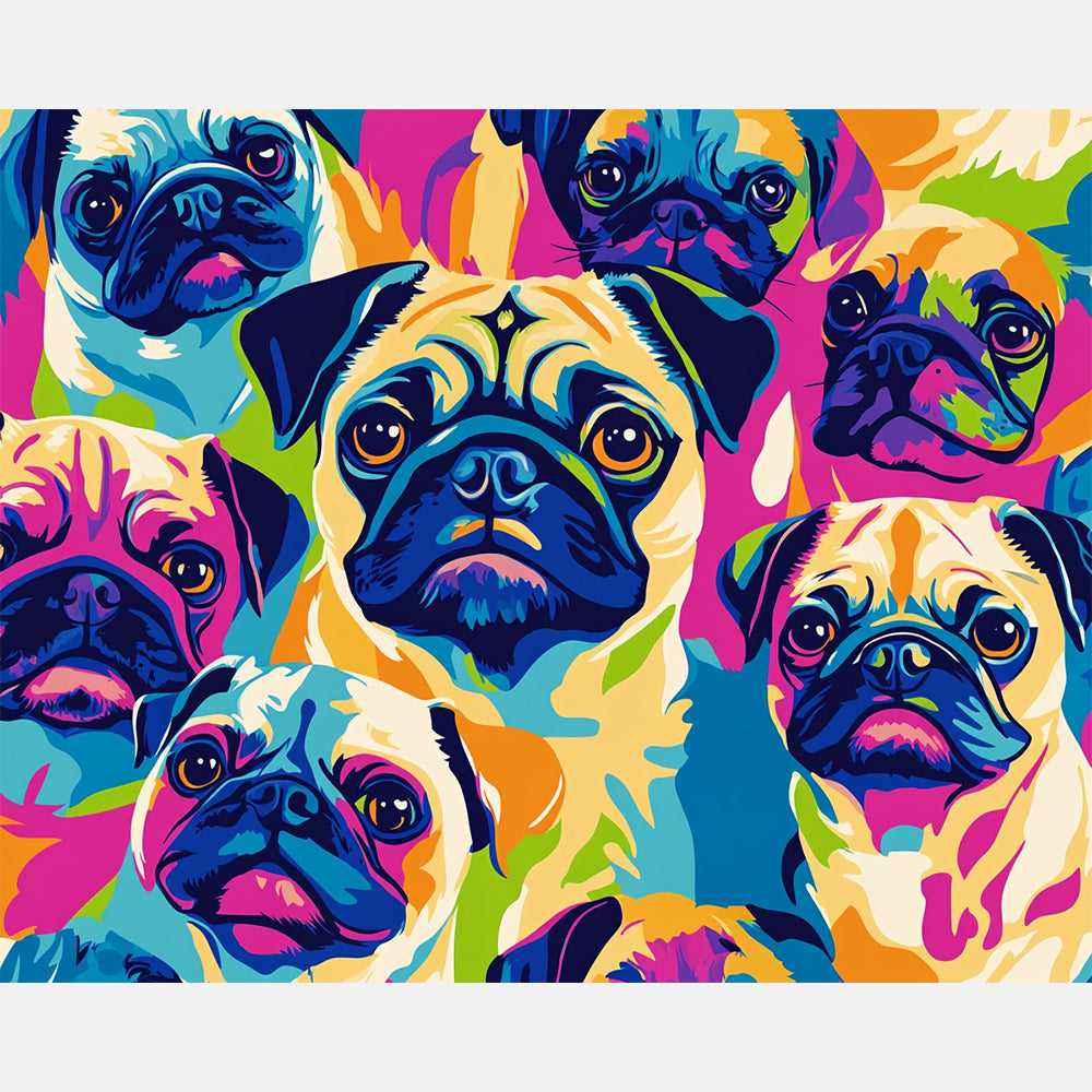 Pug Spectrum Paint by Numbers Kit design preview showing the full artwork layout before painting