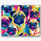 Paint by numbers design of pugs, abstract patterns, bright contrasting colors, multiple pug faces