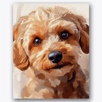 Paint by numbers design of puppy, curly hair, expressive puppy eyes, curly fur texture