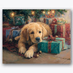 Paint by numbers design of puppy, Christmas gifts, golden retriever puppy, wrapped Christmas gifts