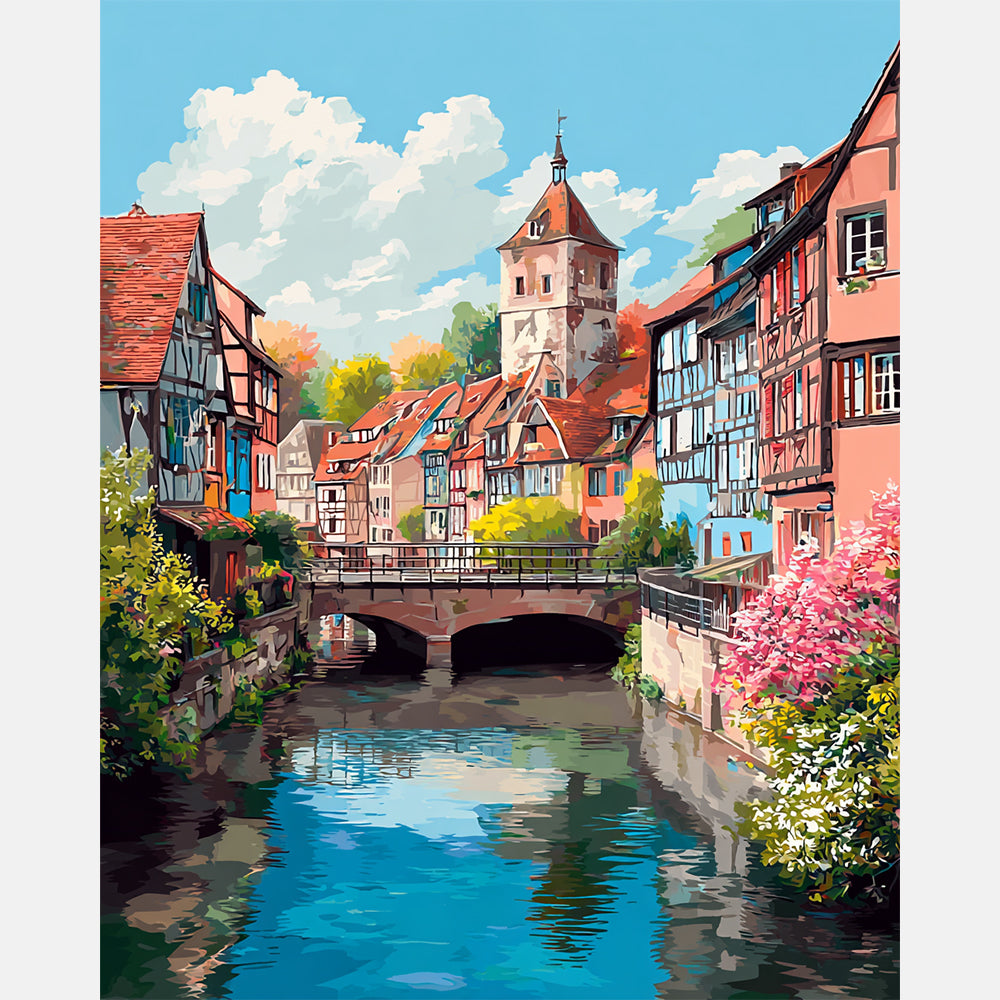 Quaint Village Bridge Paint by Numbers Kit design preview showing the full artwork layout before painting