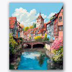 Paint by numbers design of village, bridge, half-timbered houses, cobblestone bridge