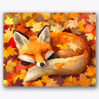 Paint by numbers design of fox, autumn leaves, curling tail, closed eyes, A fox sleeps amidst vivid autumn foliage