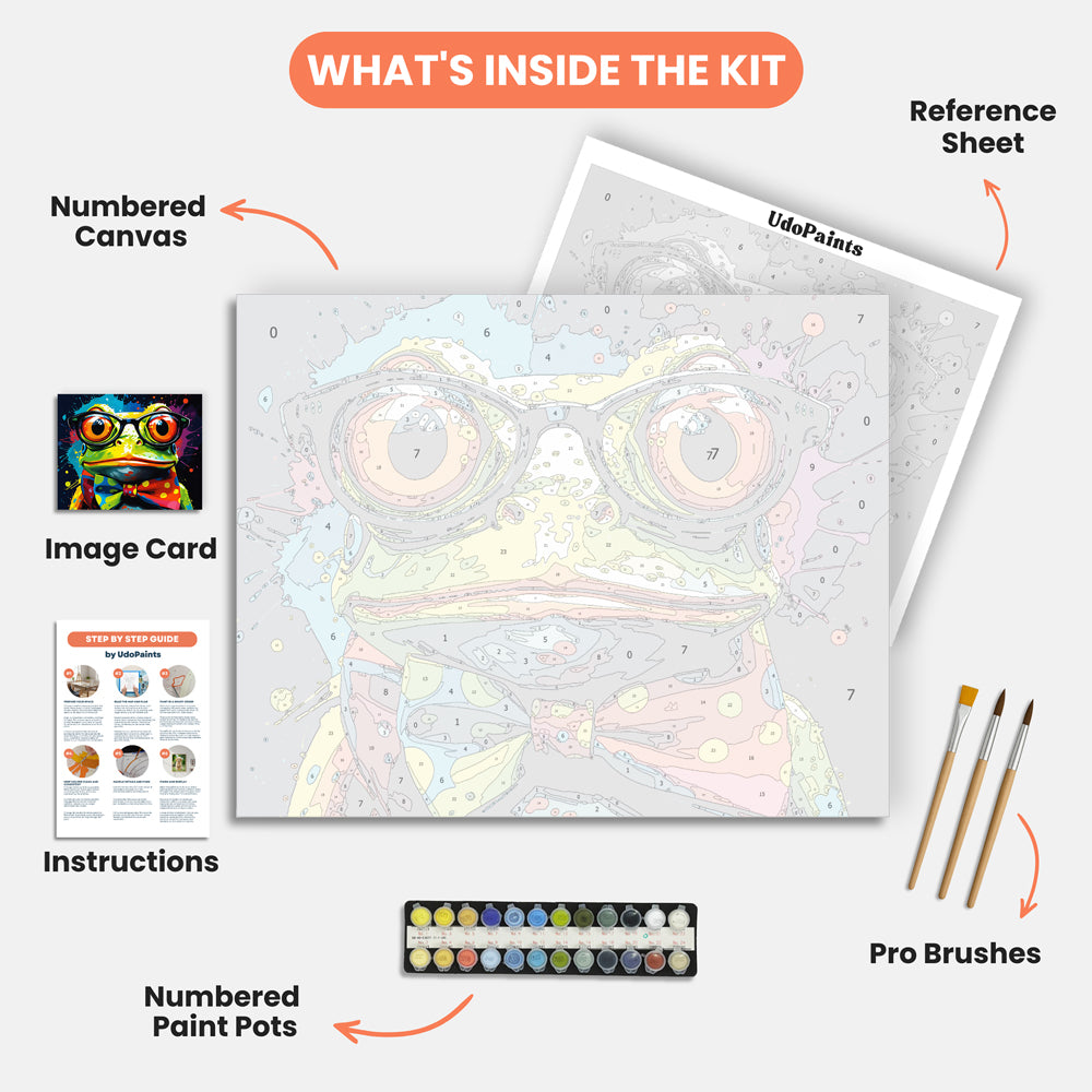 Quirky Frog Paint by Numbers Kit – includes numbered canvas, paint pots, brushes, and instructions