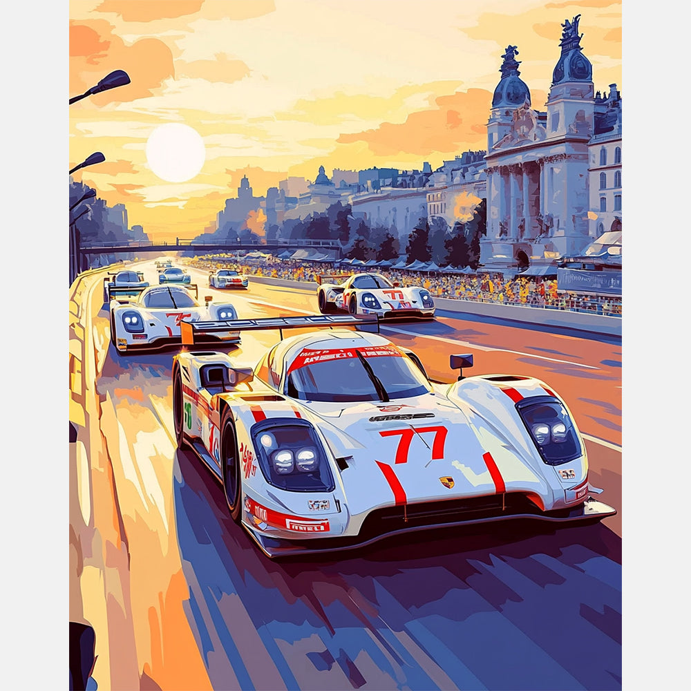 Racers At Dusk Paint by Numbers Kit design preview showing the full artwork layout before painting
