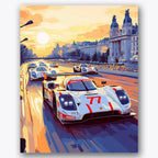 Paint by numbers design of race cars, city architecture, sunset sky, white race cars, Race cars speed through a city street