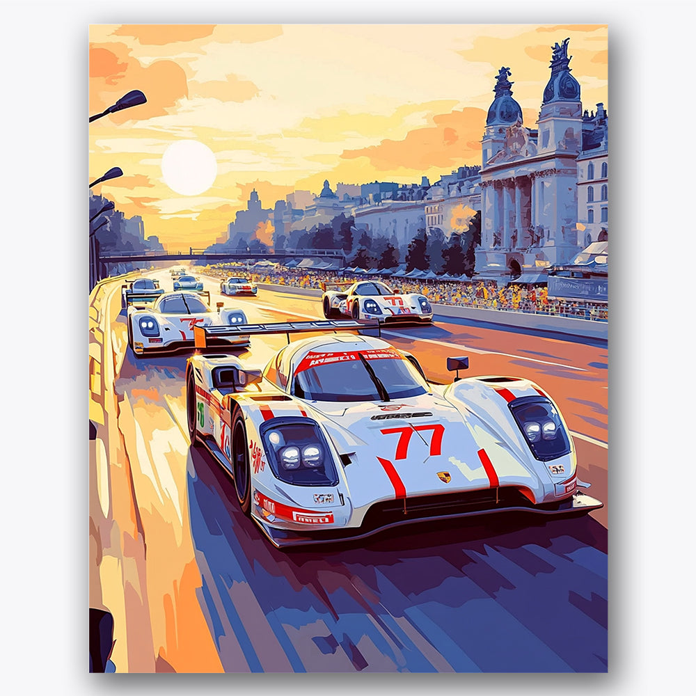Paint by numbers design of race cars, city architecture, sunset sky, white race cars, Race cars speed through a city street