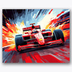 Paint by numbers design of racing car, flames, dynamic motion lines, flaming background