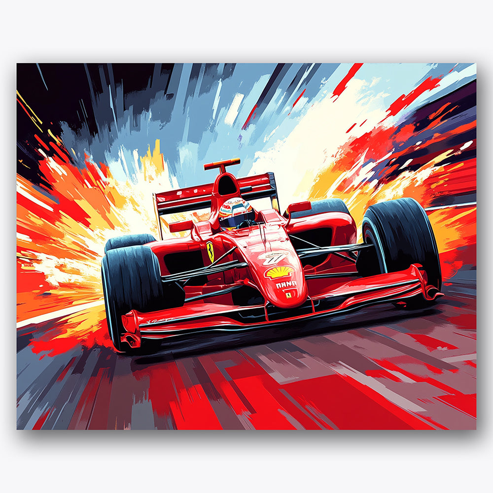 Paint by numbers design of racing car, flames, dynamic motion lines, flaming background
