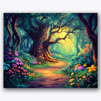 Paint by numbers design of forest path, colorful flowers, vibrant forest path, colorful flowers