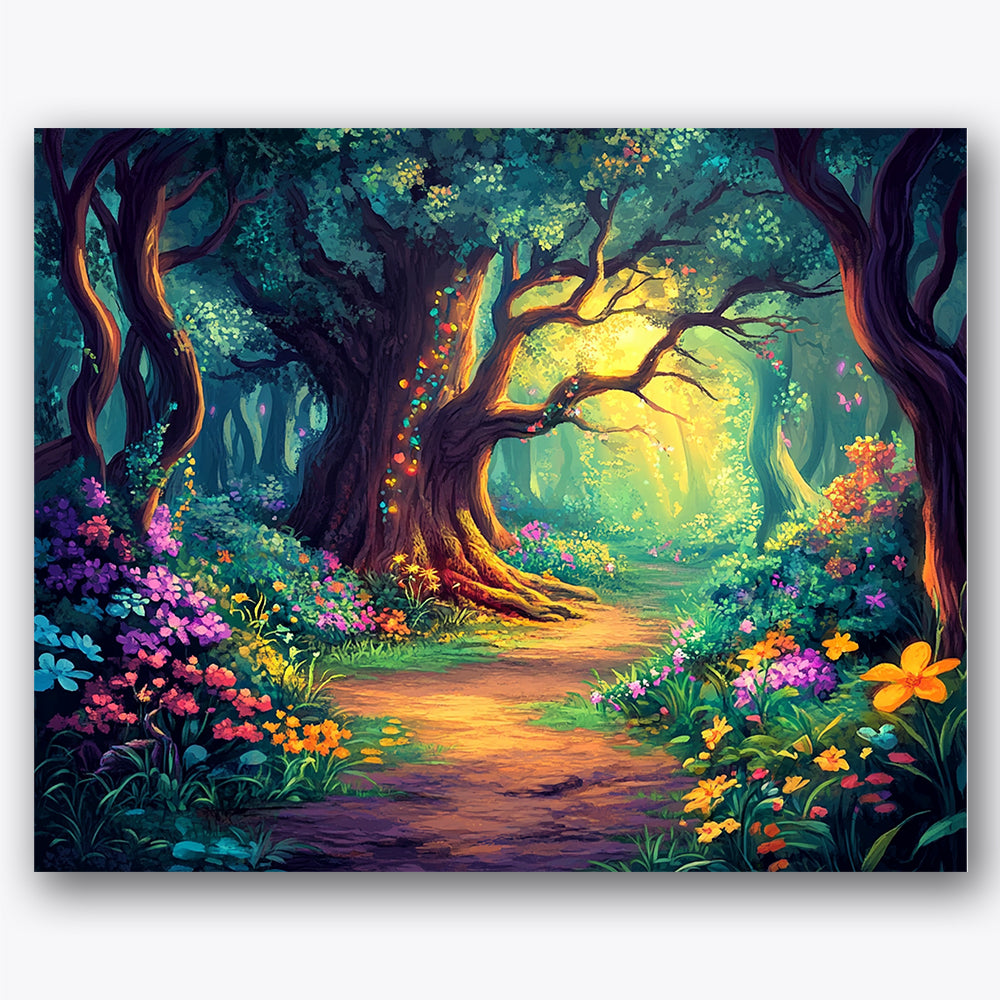 Paint by numbers design of forest path, colorful flowers, vibrant forest path, colorful flowers