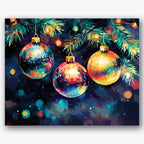 Paint by numbers design of Christmas ornaments, tree branches, vibrant colored ornaments, evergreen tree branches