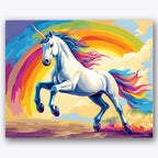 Paint by numbers design of unicorn, rainbow, vibrant rainbow arcs, flowing colorful mane