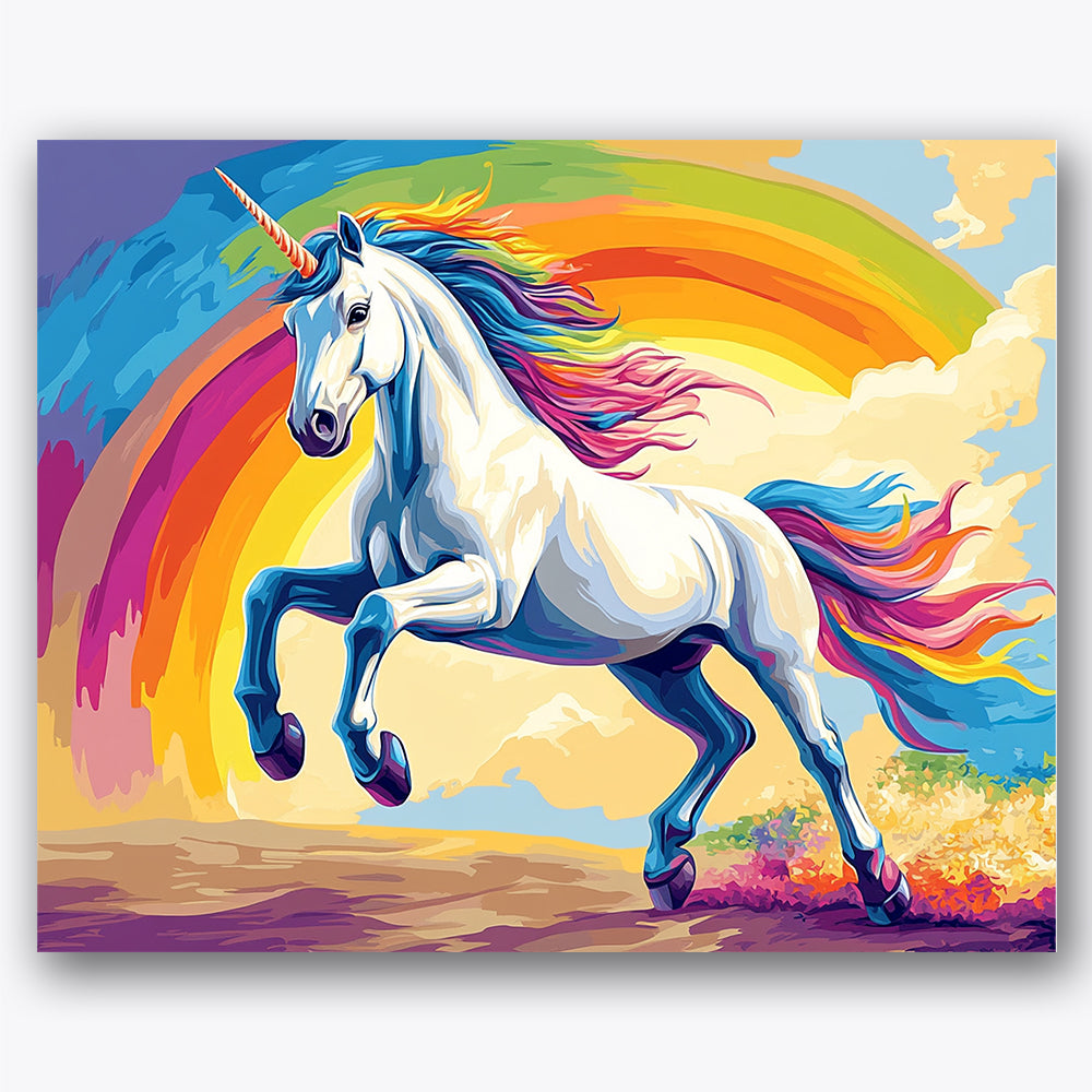 Paint by numbers design of unicorn, rainbow, vibrant rainbow arcs, flowing colorful mane