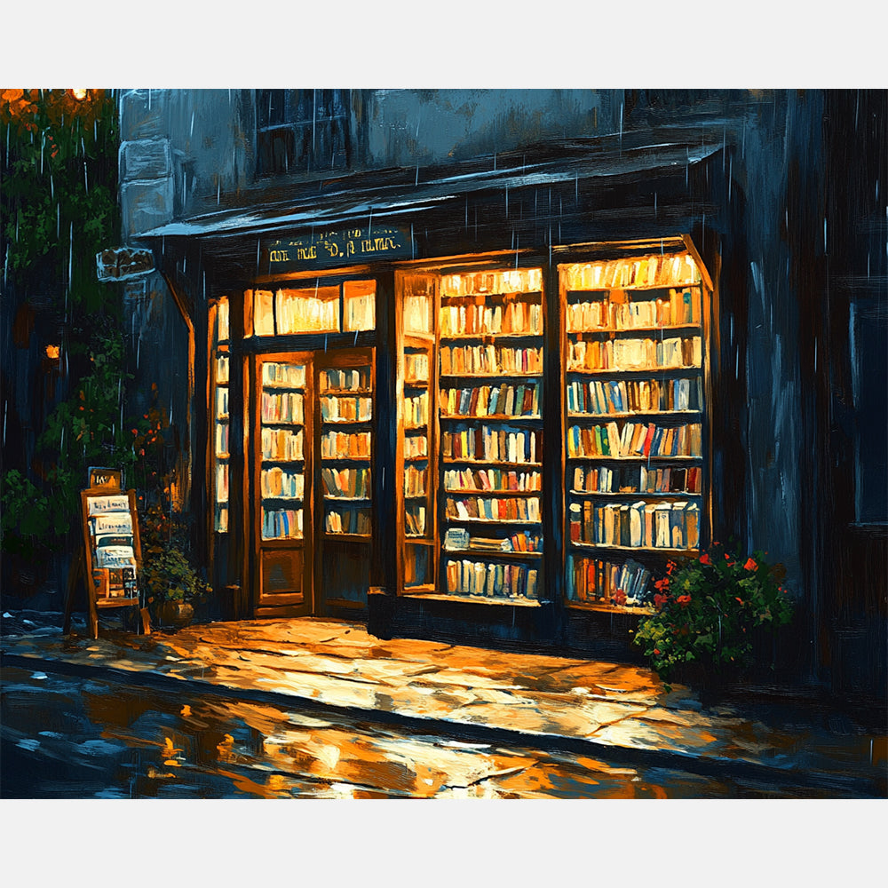 Rain Kissed Bookstore Paint by Numbers Kit design preview showing the full artwork layout before painting