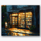 Paint by numbers design of bookstore, rainy street, warm light from windows, books lining the shelves