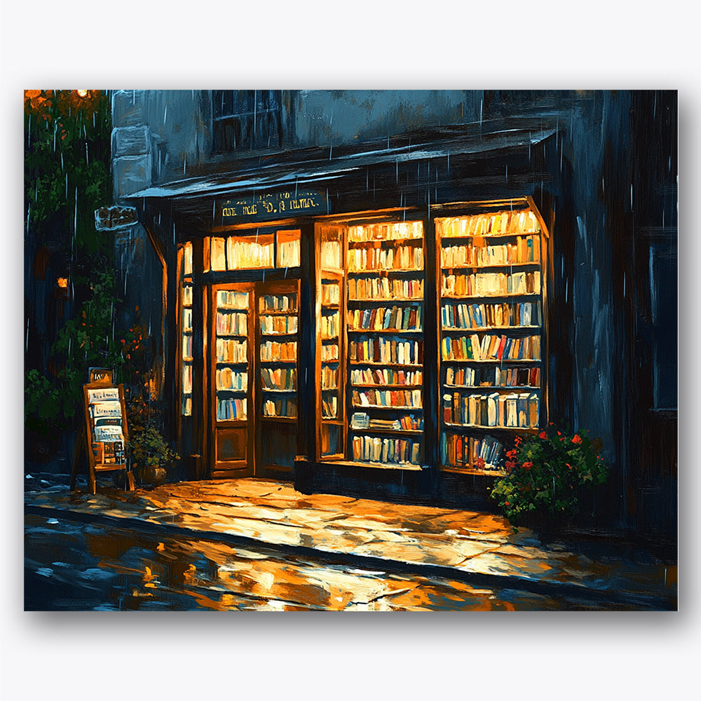 Paint by numbers design of bookstore, rainy street, warm light from windows, books lining the shelves
