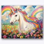 Paint by numbers design of unicorn, rainbow mane, vibrant rainbow mane, colorful flowers