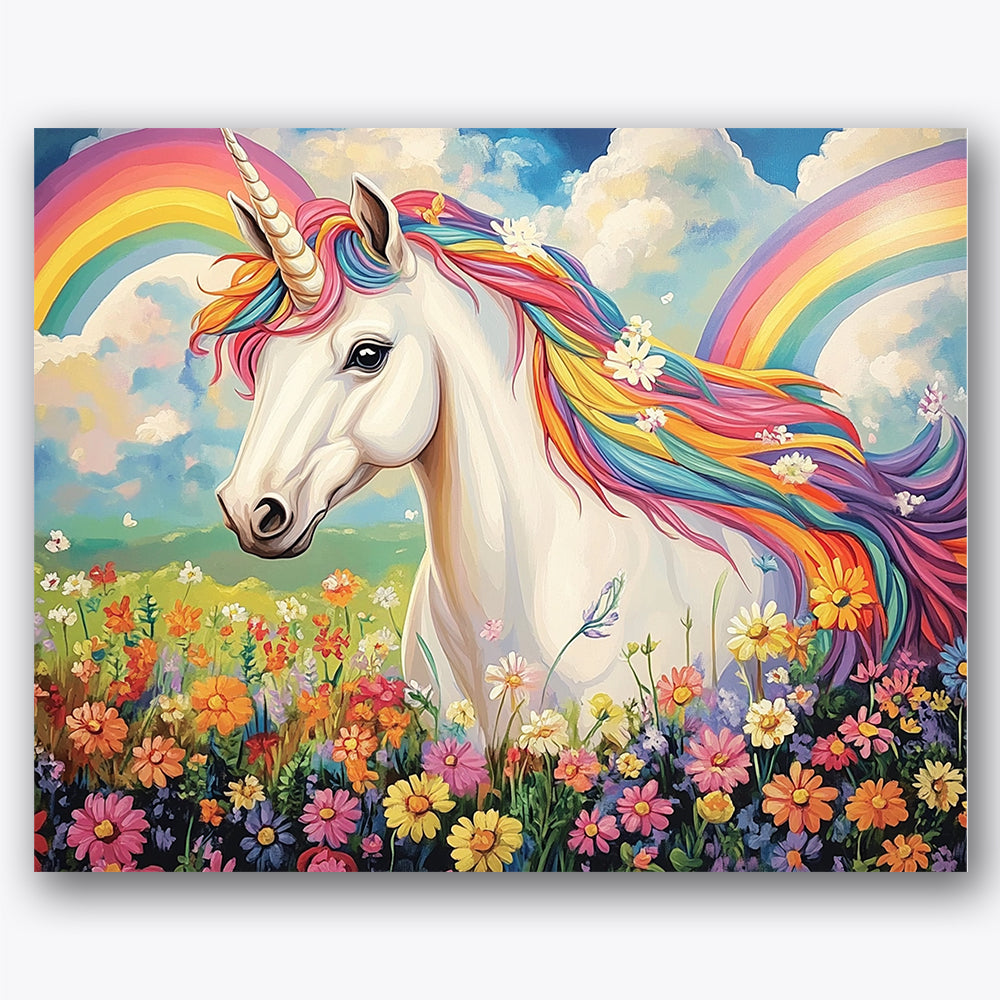 Paint by numbers design of unicorn, rainbow mane, vibrant rainbow mane, colorful flowers