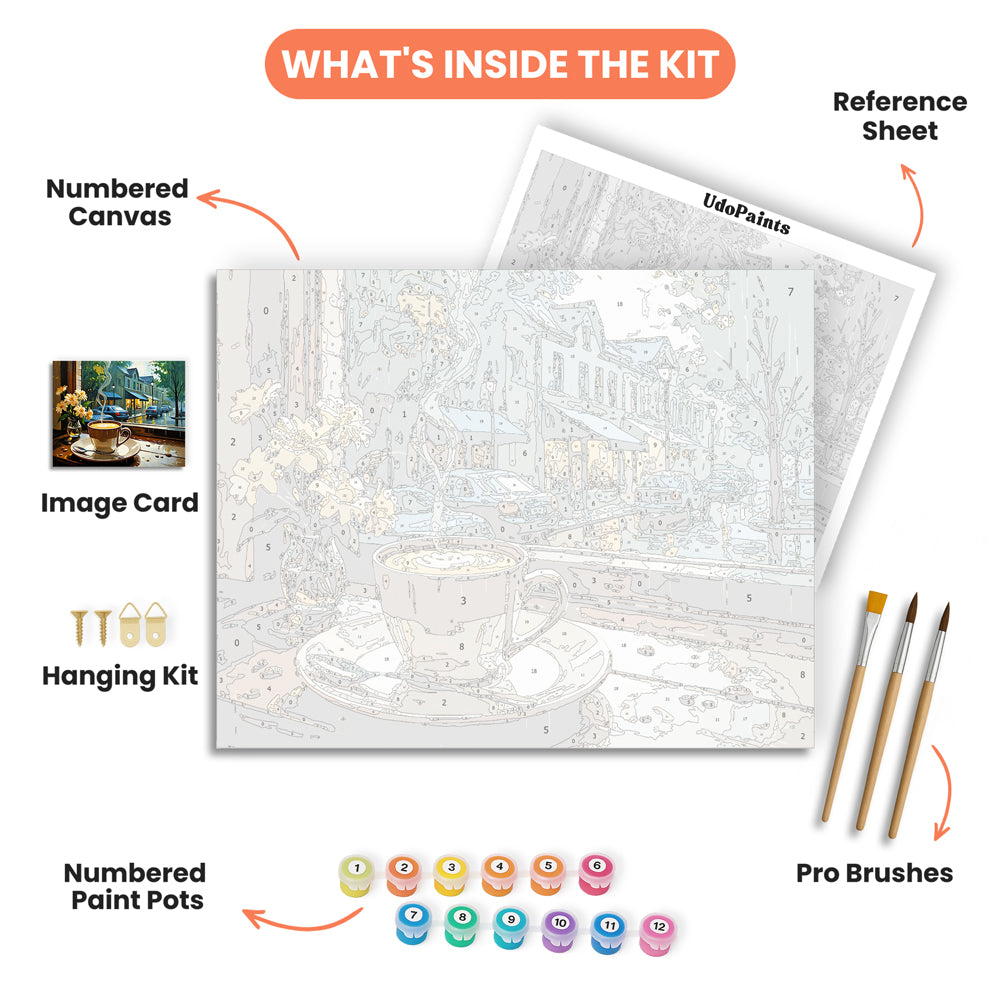 Rainy Coffee Moment Paint by Numbers Kit – includes numbered canvas, paint pots, brushes, and instructions