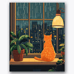 Paint by numbers design of orange cat, rainy window, orange cat silhouette, rain streaks on window
