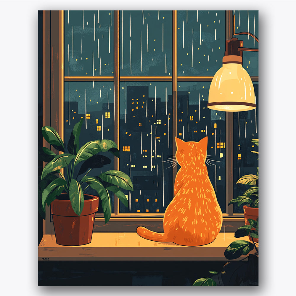Paint by numbers design of orange cat, rainy window, orange cat silhouette, rain streaks on window
