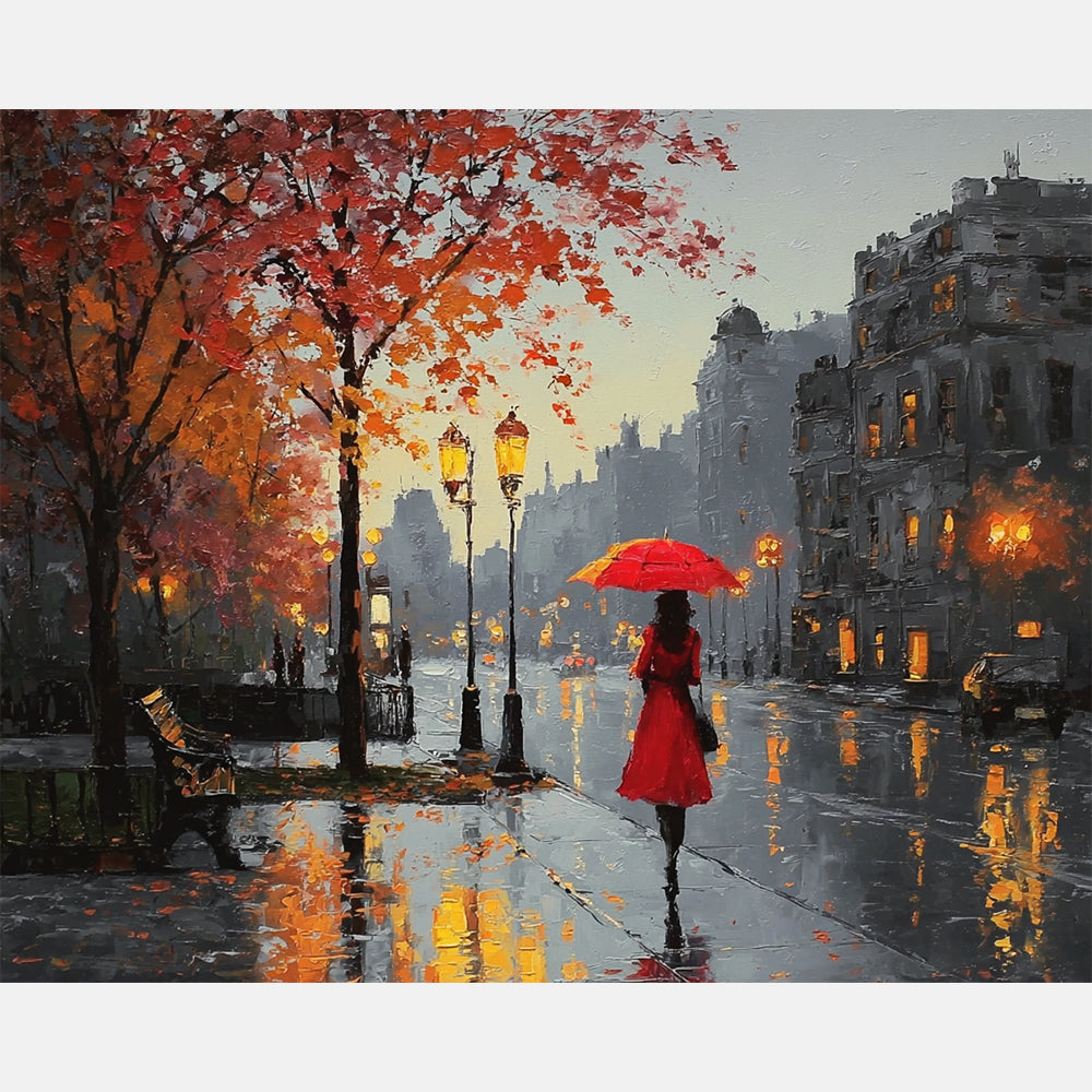 Rainy Twilight Walk Paint by Numbers Kit design preview showing the full artwork layout before painting