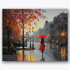 Paint by numbers design of red umbrella, rainy street, wet reflective pavement, autumn trees