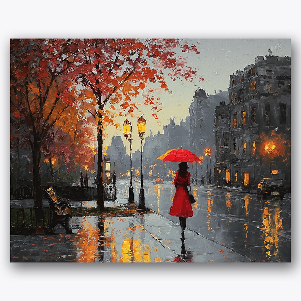 Paint by numbers design of red umbrella, rainy street, wet reflective pavement, autumn trees