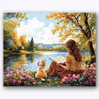 Paint by numbers design of woman, dog, bright autumn trees, colorful flower border