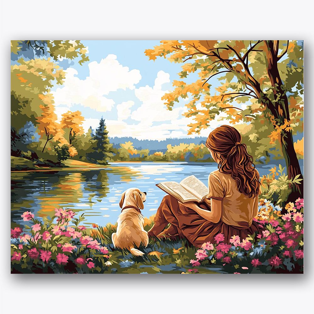 Paint by numbers design of woman, dog, bright autumn trees, colorful flower border