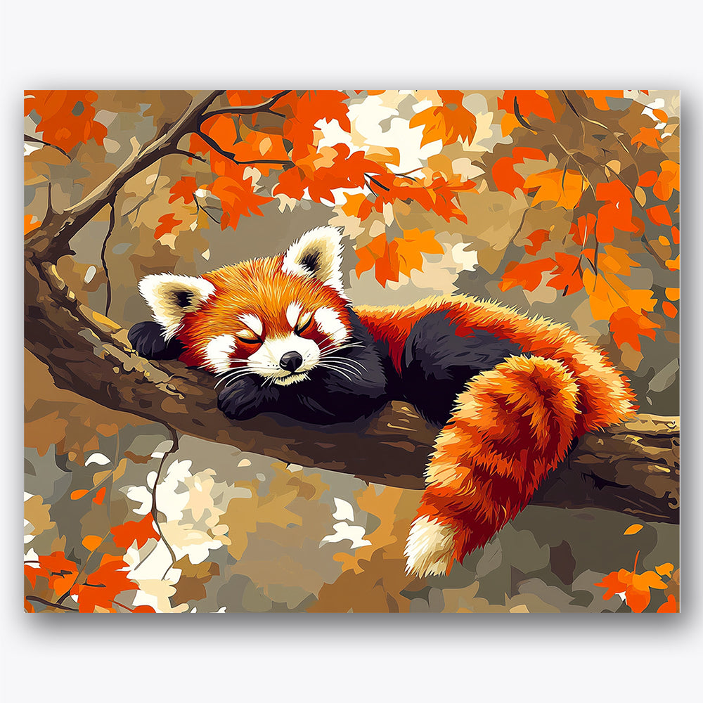 Paint by numbers design of red panda, autumn leaves, red panda on branch, orange autumn leaves