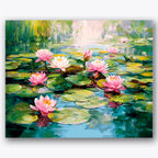 Paint by numbers design of water lilies, pond reflections, pink water lilies, green lily pads