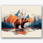 Paint by numbers design of bear, mountain landscape, bear s textured fur, reflective lake surface