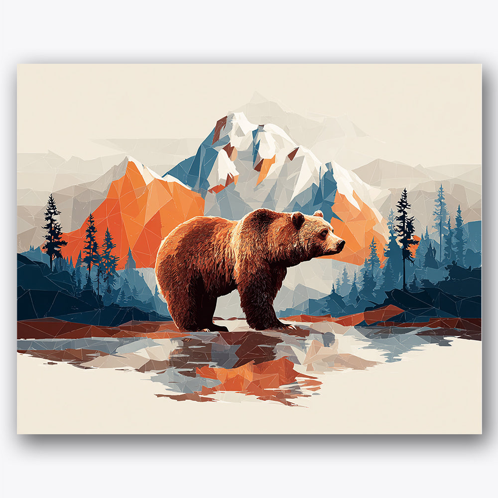 Paint by numbers design of bear, mountain landscape, bear s textured fur, reflective lake surface