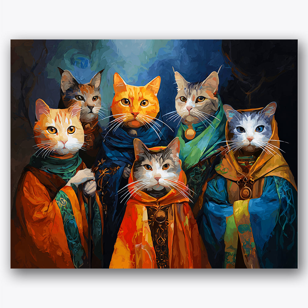 Paint by numbers design of cats, robes, ornate robes, vibrant colors, A group of regal cats wearing ornate robes