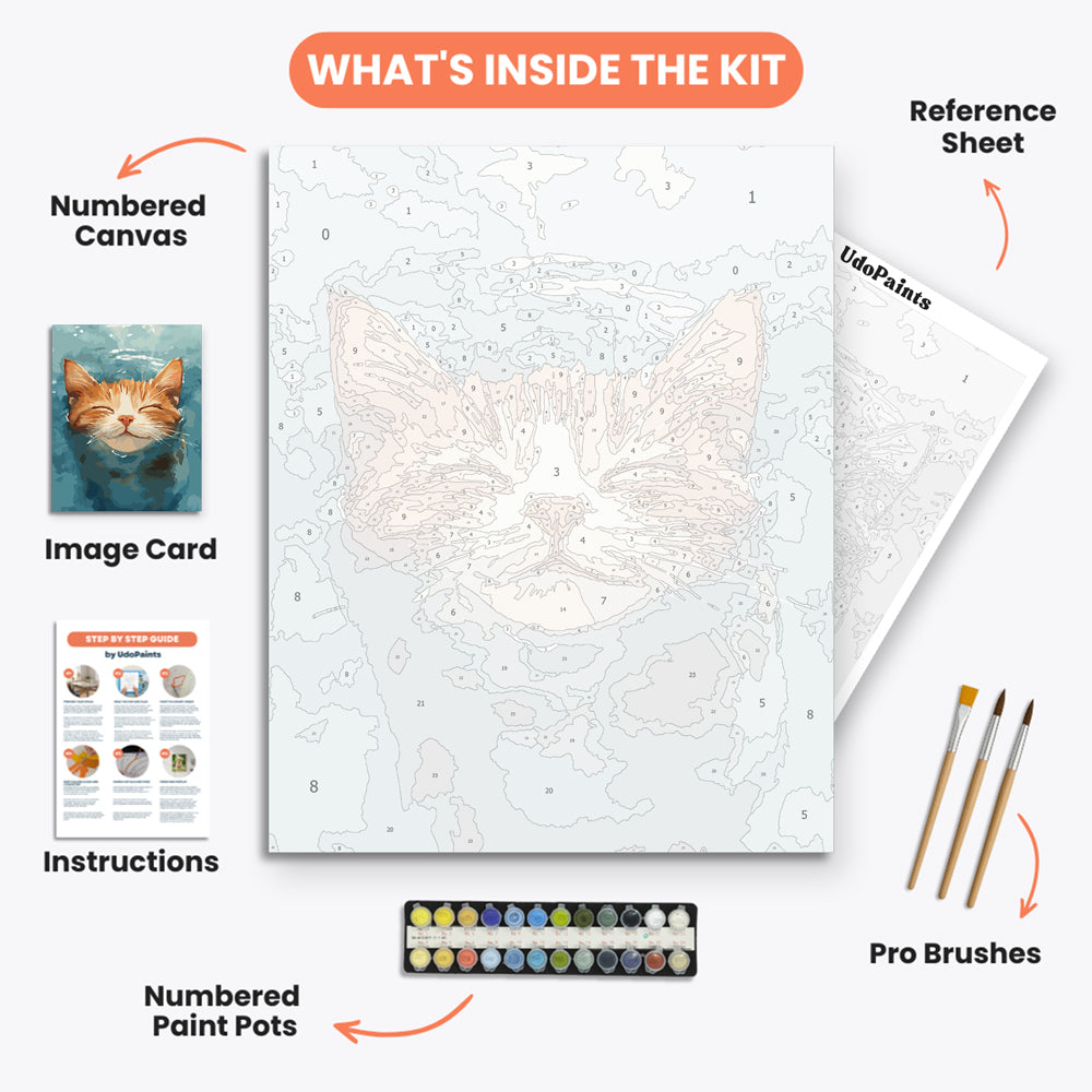 Relaxed Cat Paint by Numbers Kit – includes numbered canvas, paint pots, brushes, and instructions