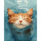 Cat peacefully floating in water with eyes closed. Relaxed Cat Paint by Numbers Kit by UdoPaints