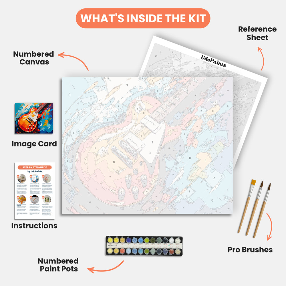 Resting Electric Guitar Paint by Numbers Kit – includes numbered canvas, paint pots, brushes, and instructions