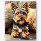 Paint by numbers design of Yorkie, floral cushions, detailed fur texture, floral cushion pattern