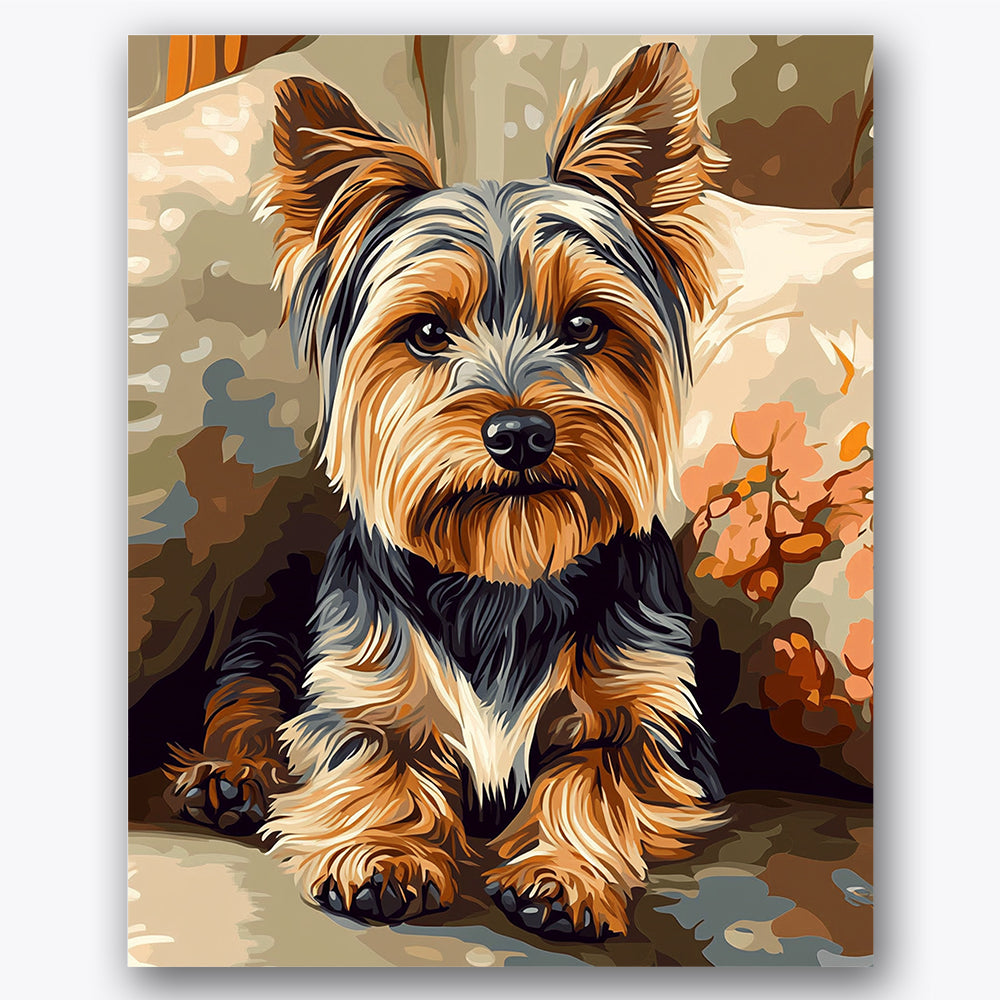 Paint by numbers design of Yorkie, floral cushions, detailed fur texture, floral cushion pattern