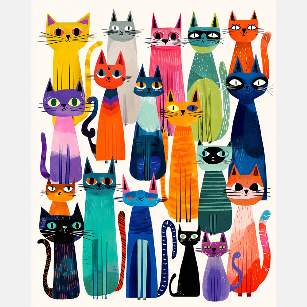 Retro Colorful Cats Paint by Numbers Kit design preview showing the full artwork layout before painting
