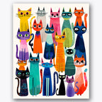 Paint by numbers design of cats, colors, bold vertical stripes, vivid geometric patterns