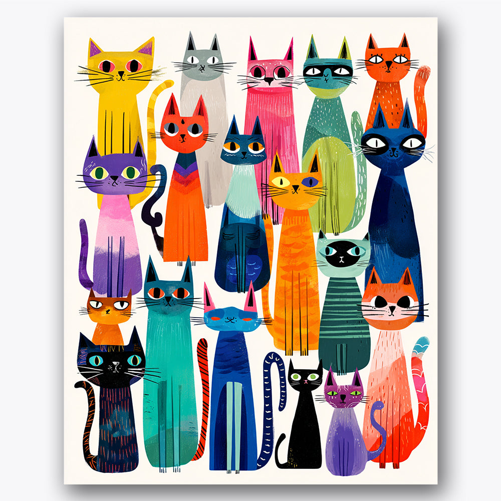 Paint by numbers design of cats, colors, bold vertical stripes, vivid geometric patterns