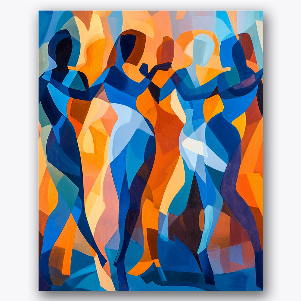 Paint by numbers design of dancers, abstract forms, multicolored dancers, sweeping arcs, Figures intertwine in dynamic